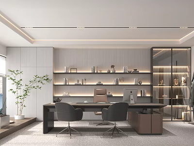 Modern Elegant Office Interior with Open Layout Desk Bookshelf Greenery Glass Partition and Lighting Design 3d model
