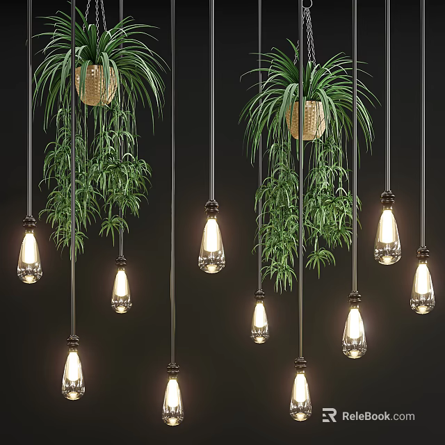 Modern Interior Decoration With Hanging Glass Bulb Pendant Lights And Green Plants 3d model 