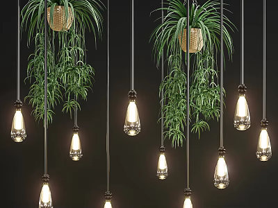 Modern Interior Decoration With Hanging Glass Bulb Pendant Lights And Green Plants 3d model