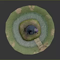 Magical Tower Structure With Round Grass Base Water Pond Wooden Bridge And Cloud Decoration