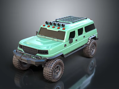 Light Green Off Road Vehicle With Large Tires Roof Rack And Red Lights 3d model