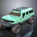 Light Green Off Road Vehicle With Large Tires Roof Rack And Red Lights