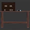 Wooden Workbench With Wooden Box Containing Rolls Ruler And Blue Objects