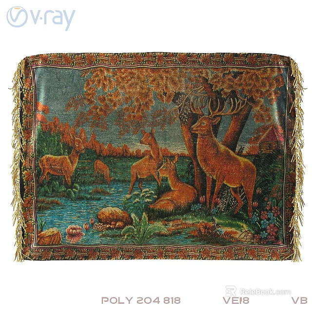 Nature Inspired Square Rug with Deer Trees River Cabin and Fringed Edges 3d model 