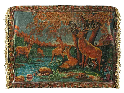 Nature Inspired Square Rug with Deer Trees River Cabin and Fringed Edges 3d model