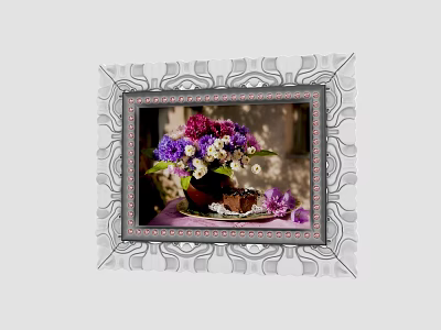 Decorative Picture Frame with Purple Pink White Flower Bouquet on Patterned Background 3d model