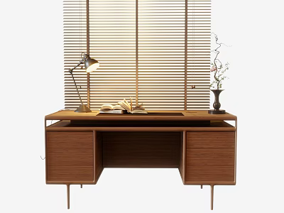 Cozy Wooden Desk With Table Lamp Open Book Window Blinds And Vase 3d model
