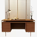 Cozy Wooden Desk With Table Lamp Open Book Window Blinds And Vase