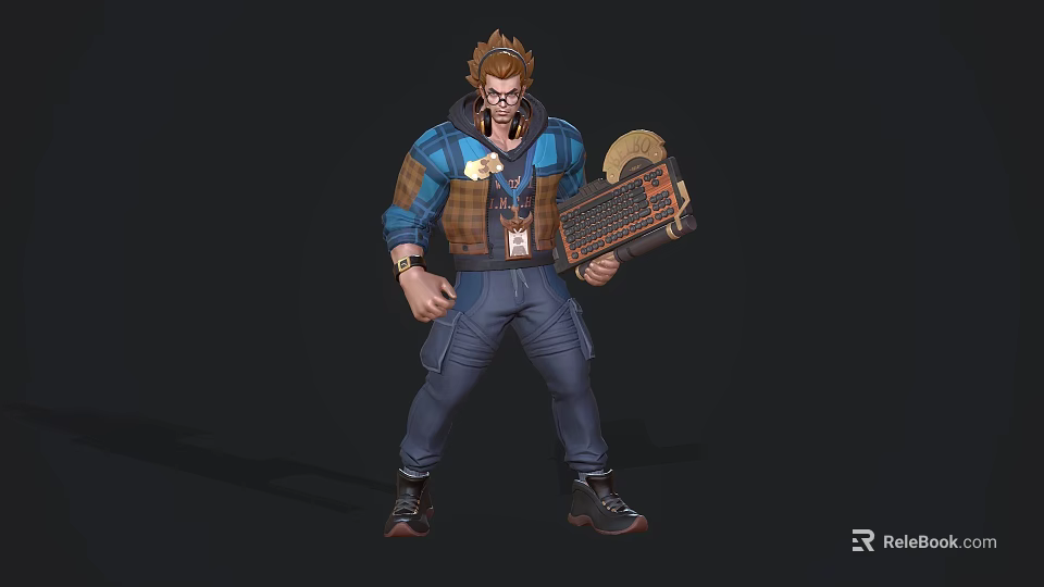 Detailed Game Movie Character With Brown Hair Blue Plaid Shirt Brown Vest Jeans Holding Grid Device 3d model 