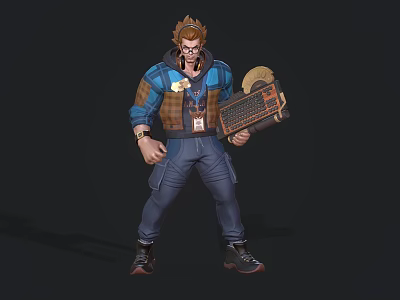 Detailed Game Movie Character With Brown Hair Blue Plaid Shirt Brown Vest Jeans Holding Grid Device 3d model