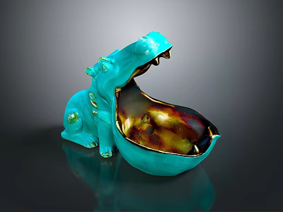 Turquoise Hippo Shaped Decorative Bowl With Gold Accents And Glossy Surface For Home Decor 3d model