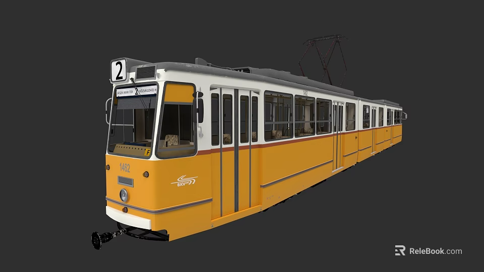 Vintage Yellow and White Tram with Number 2 Overhead Wires and Windows 3d model 