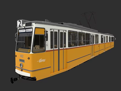 Vintage Yellow and White Tram with Number 2 Overhead Wires and Windows 3d model