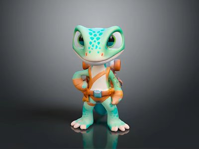 Cute Teal Lizard With Blue Spots Wearing Backpack And Straps In Standing 3D Cartoon Model 3d model
