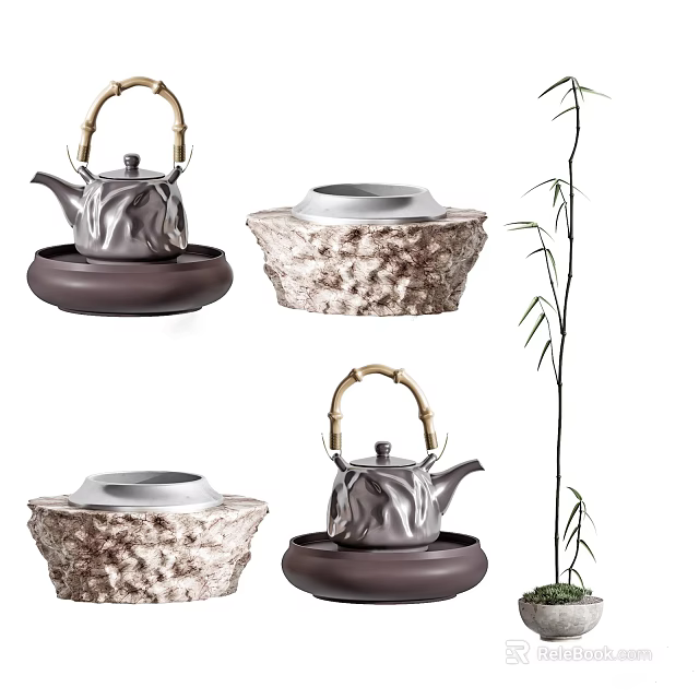 Elegant Ceramic Tea Set Featuring Bamboo Handle Teapot and Textured Serving Trays 3d model