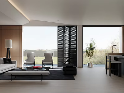 Modern Living Dining Room Interior With Open Concept Large Windows Natural Light And Modern Furniture 3d model
