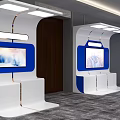 Futuristic Indoor Corridor Design With Blue White Curved Lines Person Standing Digital Screens Bright Lighting