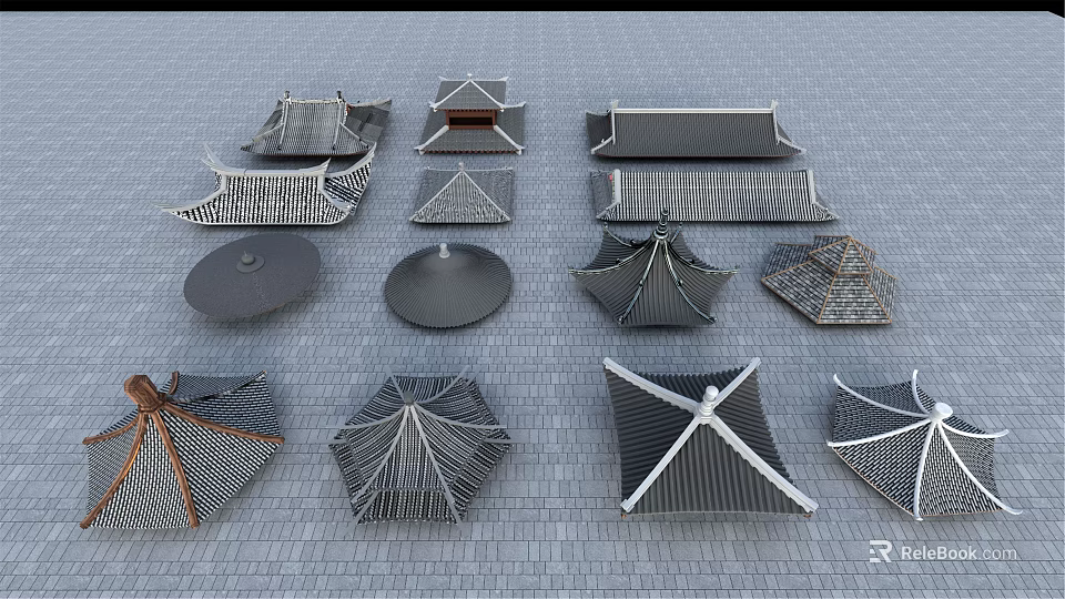 Traditional Chinese Architectural Components Including Roof Tiles Eaves And Decorative Structures 3d model 