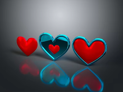 Heart Shaped Decorative Ornaments With Red Blue Colors And Small Inner Heart Reflection 3d model
