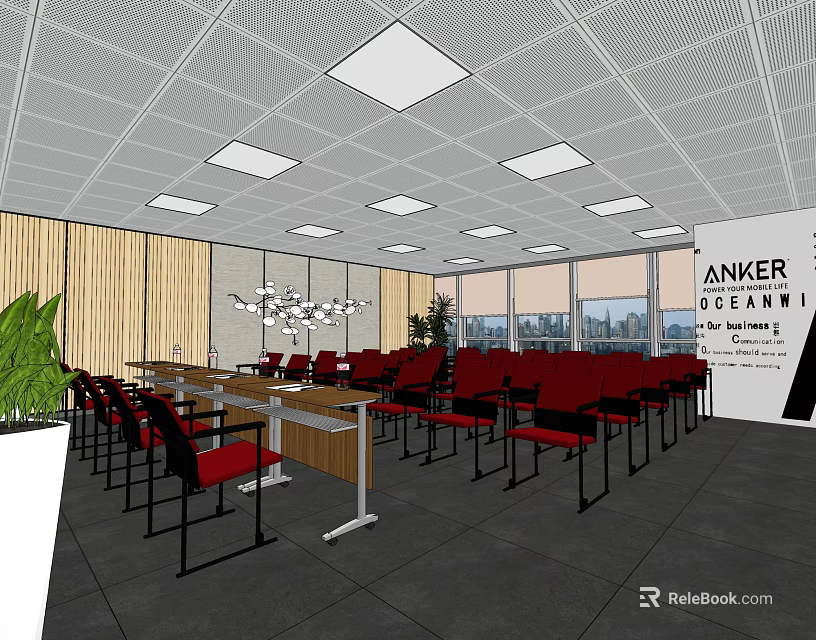 Modern Conference Room Interior With Long Table Red Chairs Ceiling Lights And City View Windows 3d model 