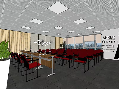 Modern Conference Room Interior With Long Table Red Chairs Ceiling Lights And City View Windows 3d model
