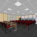 Modern Conference Room Interior With Long Table Red Chairs Ceiling Lights And City View Windows