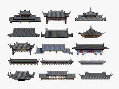 Traditional Chinese Architectural Components Featuring Various Curved Roof Styles And Decorative Eaves 3d model