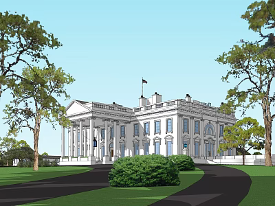 The White House Building With White Exterior Columns Lawn Trees And Driveway 3d model
