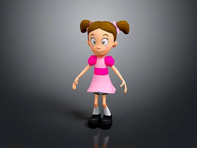Cute Cartoon Girl Doll With Brown Pigtails Pink Dress Big Eyes And Black Shoes 3d model