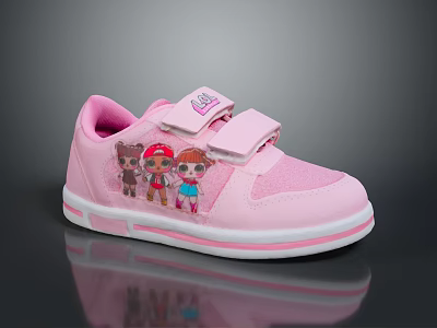 Cute Pink Kids Casual Sneakers With Cartoon Characters And Velcro Straps Design 3d model