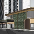 Modern Hotel Building Exterior Architecture With Glass Curtain Wall And Central Fountain Plaza