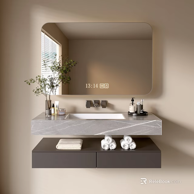 Modern Bathroom Cabinet with Large Wall Mirror Marble Countertop Toiletries Plant Vase and Rolled Towels 3d model 