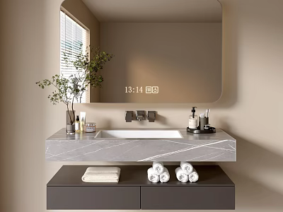 Modern Bathroom Cabinet with Large Wall Mirror Marble Countertop Toiletries Plant Vase and Rolled Towels 3d model