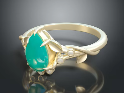 Elegant Gold Ring With Turquoise Gemstone Leaf Design And Pearl Accents 3d model