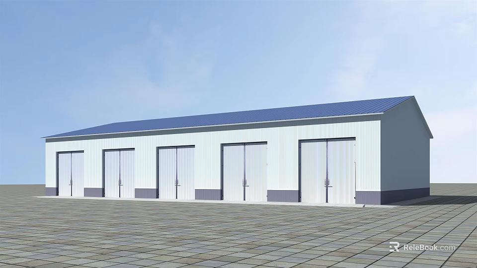 Single-story Modern Industrial Warehouse Exterior With White Walls Blue Roof And Multiple Roll-up Doors 3d model 