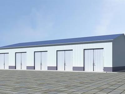 Single-story Modern Industrial Warehouse Exterior With White Walls Blue Roof And Multiple Roll-up Doors 3d model