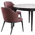 Round Marble Dining Table Set With Red Quilted And Light Colored Upholstered Chairs 3d model
