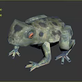 3D Low Poly Frog with Blue Green Black Spots and Orange Eyes on Dark Background