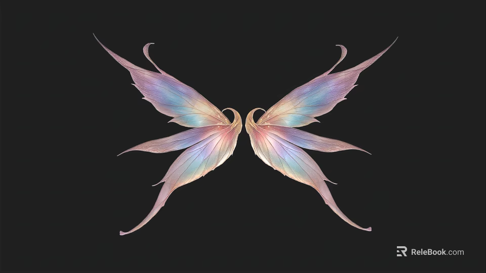 Delicate Vibrant Iridescent Fairy Wings With Colorful Gradient On Black Background 3d model 