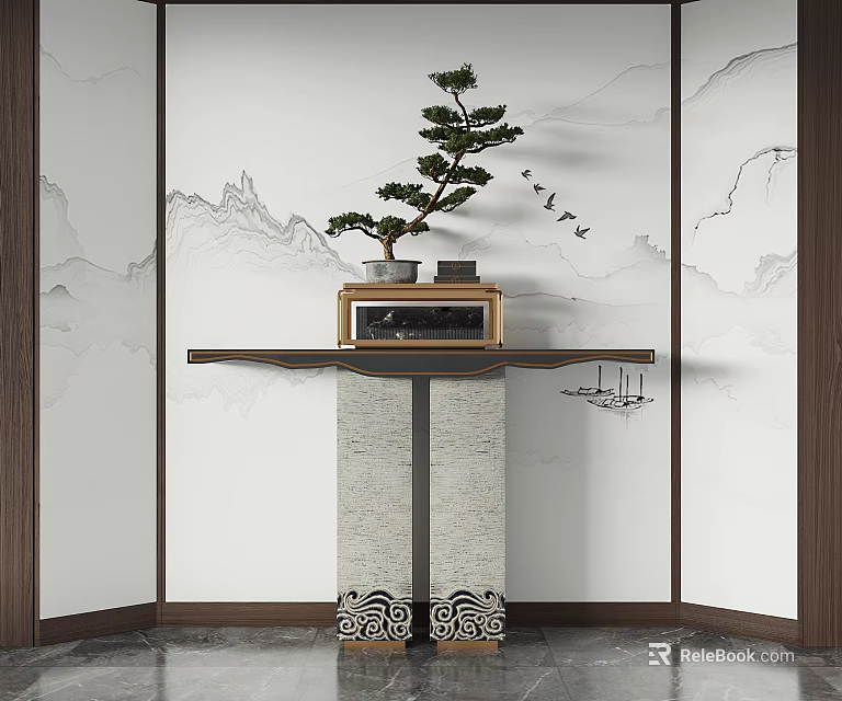 Chinese Style Console Table With Potted Pine Tree And Mountain Landscape Wall 3d model