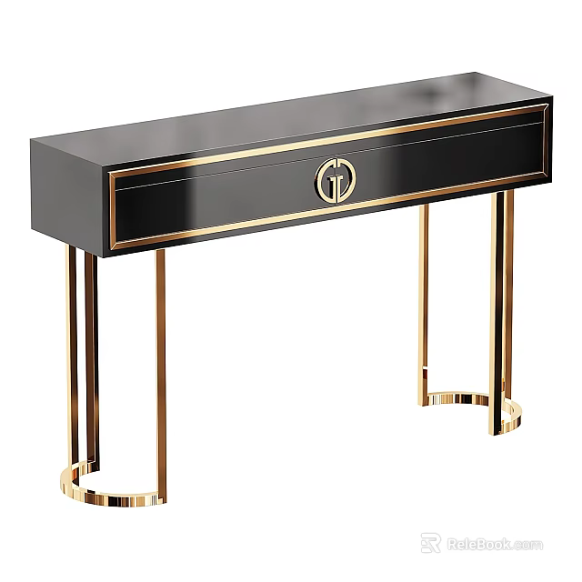 Modern Entryway Console Table With Gold Metal Legs Black Surface And Single Drawer Design 3d model 