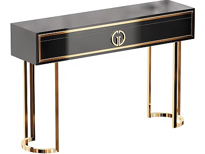 Modern Entryway Console Table With Gold Metal Legs Black Surface And Single Drawer Design 3d model