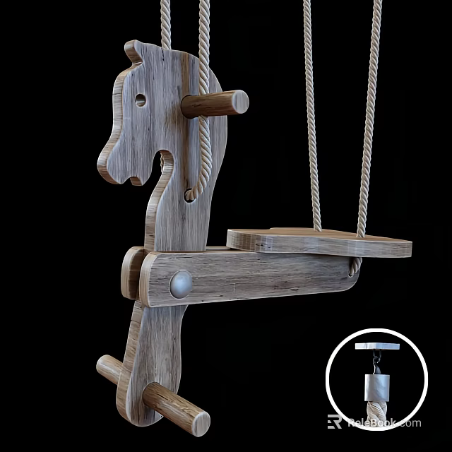 Wooden Horse Shaped Swing Structure With Ropes Seat And Sturdy Design 3d model 