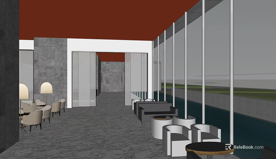 Elegant Clubhouse Interior Design With Gray Floor Large Windows White Chairs And Black Sofas 3d model 