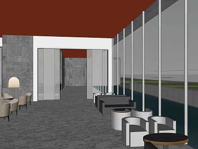 Elegant Clubhouse Interior Design With Gray Floor Large Windows White Chairs And Black Sofas 3d model