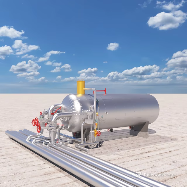 Industrial Storage Tank Equipment With Metal Pipes Valves Yellow Top And Blue Sky Background 3d model 