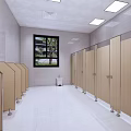 Public Restroom With White Tile Walls Long Mirror White Sinks And Potted Plants