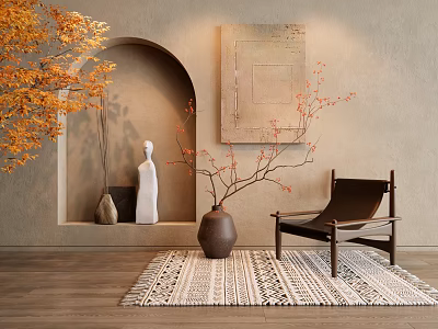 Comfortable Leisure Chair In Warm Beige Living Space With Arched Niche Sculpture And Textured Rug 3d model