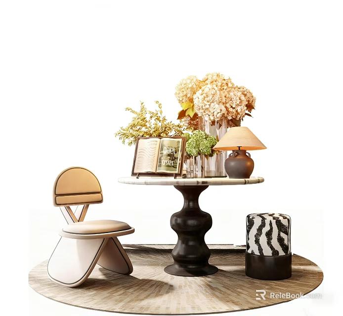 Modern Table And Chair Set With Marble Top Decorative Flowers Lamp And Zebra Stool 3d model 