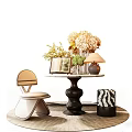 Modern Table And Chair Set With Marble Top Decorative Flowers Lamp And Zebra Stool